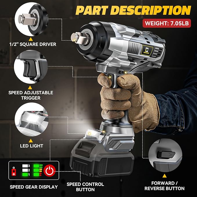 Cordless Impact Wrench 1/2 inch Compatible with DeWalt 20V Battery: 1700FT-LBS High Torque Impact Wrench with 6 Sockets & Case - Brushless Electric Impact Gun LED Work Light, Bare Tool