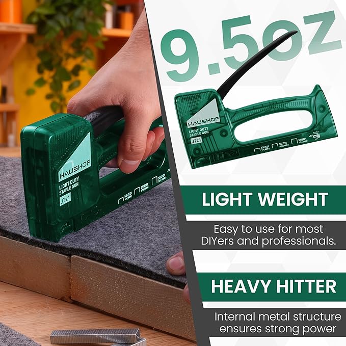 HAUSHOF Light Duty Staple Gun, Upholstery Staple Gun with 800PCS JT21 Staples and Stapler Remover, Fits JT21 Staple of 1/4'', 5/16'' & 3/8'', Used for Wood, Classroom, Crafts, DIY (Green Transparent)