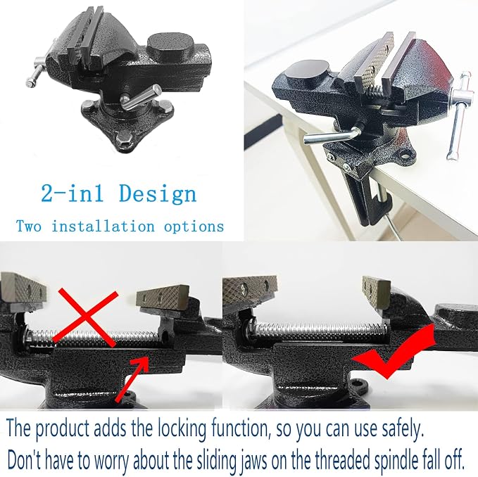 2-in-1 Dual-Purpose Combined Bench Vise or Table Vise, With end-point locking device, Portable Universal Rotate 360° Work Clamp-On Vise, 3.0" Black