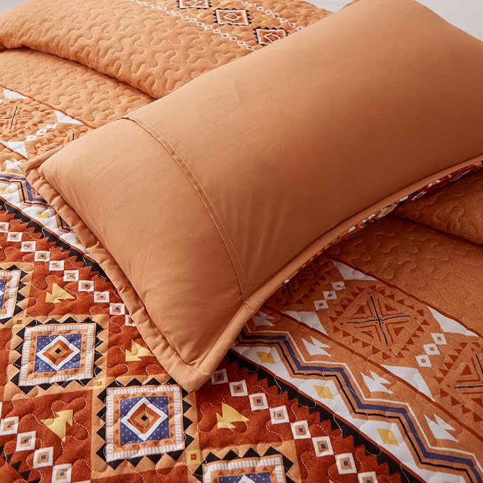 WONGS BEDDING Burnt Orange Boho Quilt Set Full,3 PCS Summer Quilt Bedspread Lightweight Geometry Printed Coverlet Set with 2 Pillowcase,Soft Bohemian Bedding Set 78''×90''