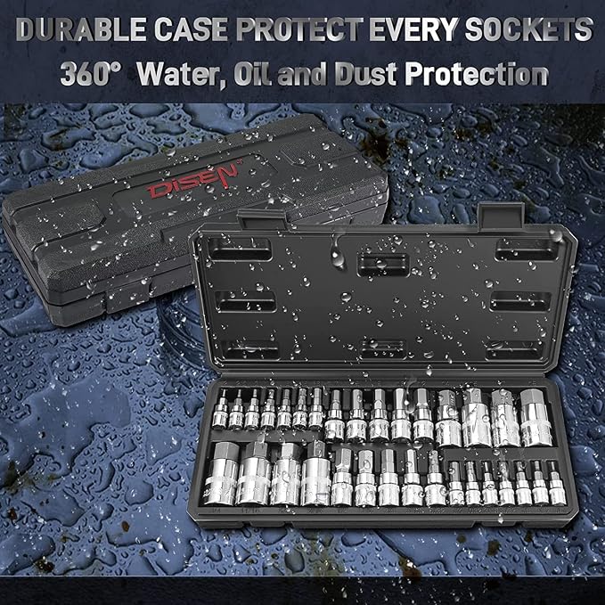 DISEN 32-Piece HEX Bit Socket Set | SAE & Metric Allen Wrench Socket Set with Enhanced Storage Case, Premium Heat Treated Chrome Vanadium Steel & S2 Alloy Steel