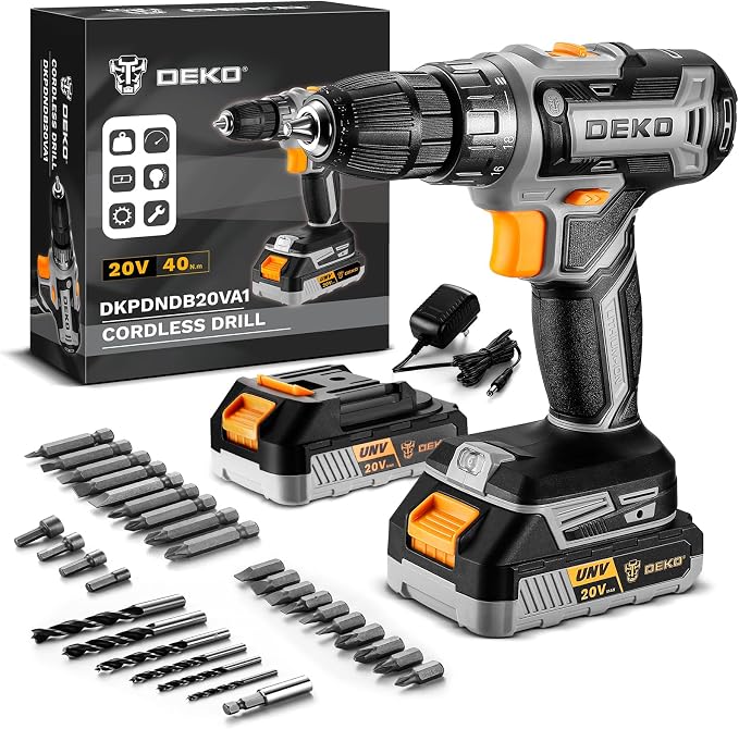 Power Drill Cordless: DEKOPRO 20V Electric Drills with 3/8-Inch Keyless Chuck, Variable Speed, Power Cordless Drill Set Tool with 2 Batteries, Charger&30 Accessories(Gray)
