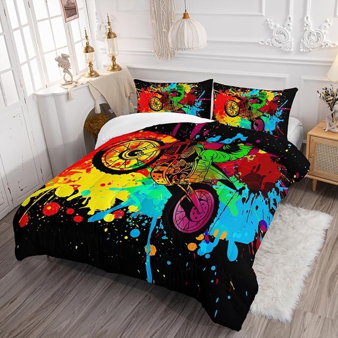 Axolotl Motocross Bedding Set King,Dirt Bike Comforter Set,Extreme Sports Bedding,Motorcycle Racer Comforter,Colorful Motocross Motor Vehicles Biker Quilt for Boys Kids Teens Men,1 Quilt 2 Pillowcase