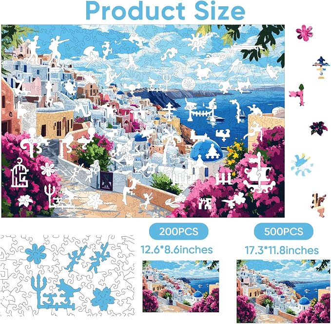 Mys Aurora Scenery Puzzles for Adults, Santorini Wooden Puzzles, 200 Pieces Unique Shaped Jigsaw Puzzle Birthday Gift Challenging Family Game for Kids and Adults 12.6 * 8.6 inch