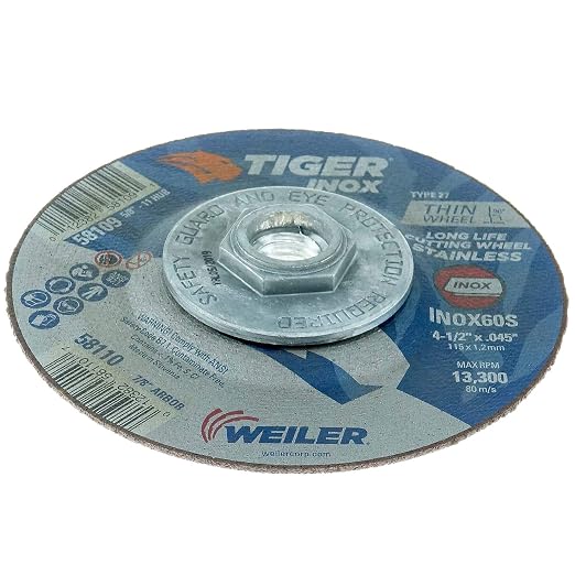 Weiler 58109 4-1/2 Inch Cutting Wheel, Tiger Inox Stainless Steel Contaminant-free High Performance Cutting, .045" INOX60S Type 27 5/8"-11 Hub, Pack of 10