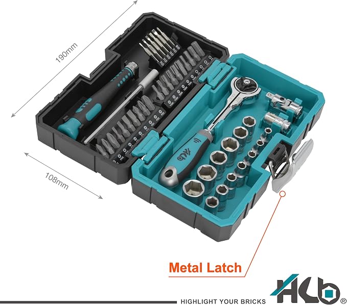 HB 90-Tooth 1/4 Inch Drive 270° Swivel Head Ratchet Handle 44 Piece Socket Set with Precision Screwdriver Torx PZ PH SL HEX Bits Chrome Vanadium Steel Portable Case Made in Taiwan AKM024-G | 90-tooth swivel ratchet, 270° flex head, 4° arc swing, stampe...