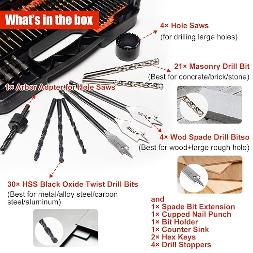 ETERNA Drill Bit Set, 246 PCS Titanium HSS Drill Bit Kit Screwdriver Bit Kit, with Carry Case for Metal, Masonry, Wood, Plastics Cement Drilling