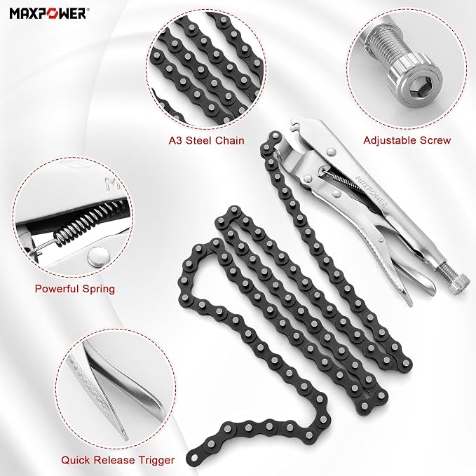 MAXPOWER Locking Chain Clamp, 9-Inch Locking Chain Pliers with 47.2” Chain, 14.2” Diameter, Quick Release