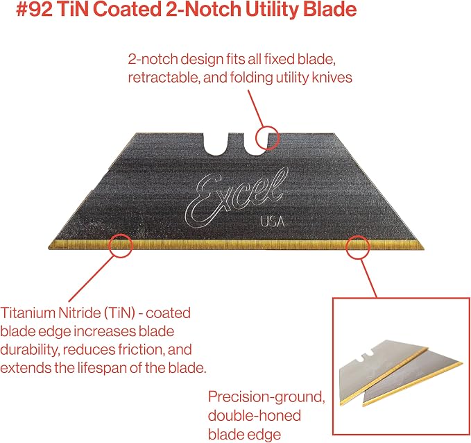 Excel Blades #92 Titanium Nitrade Coated Utility Knife Blades – Shatter Resistant High-Carbon Steel Razor Blades for Precision Cutting, 100 Pack Cutter Blade Replacement with Dispenser - Made In USA
