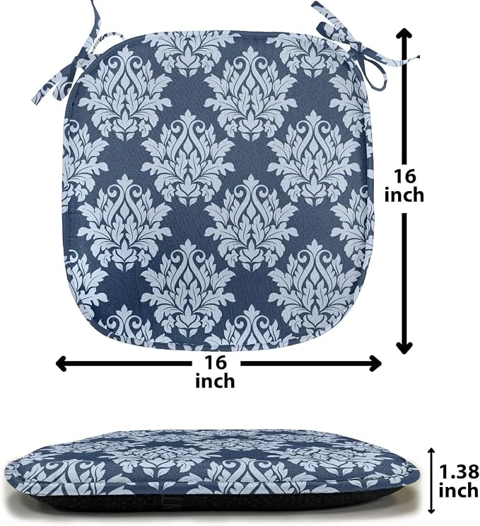 Lunarable Damask Blue Chair Seating Cushion Set of 8, Abstract Antique Royal Motif with Leaves and Swirls, Anti-Slip Seat Padding for Kitchen & Patio, 16"x16", Ceil Blue Violet Blue
