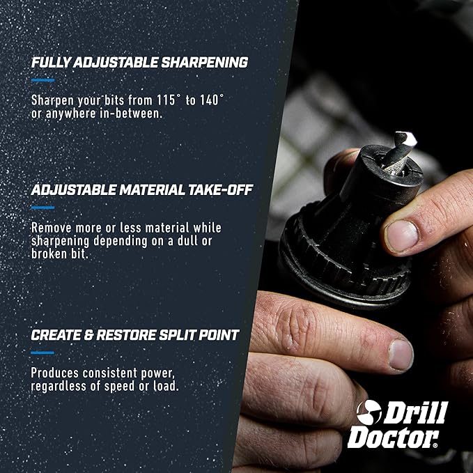 Drill Doctor DD750X Electric Drill Bit Sharpener, 3/32-3/4" High-Speed, Portable - Steel, Masonry, Carbide, Cobalt, Tin-Coated Bits, Adjustable Angles