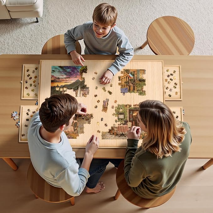 TEAKMAMA 27.6"H 1500Pcs Puzzle Table with Legs,4 Drawers for Adults,Natural | 34.3" W x 26.5" D Wood Folding Jigsaw Puzzle Board with Protective Cover