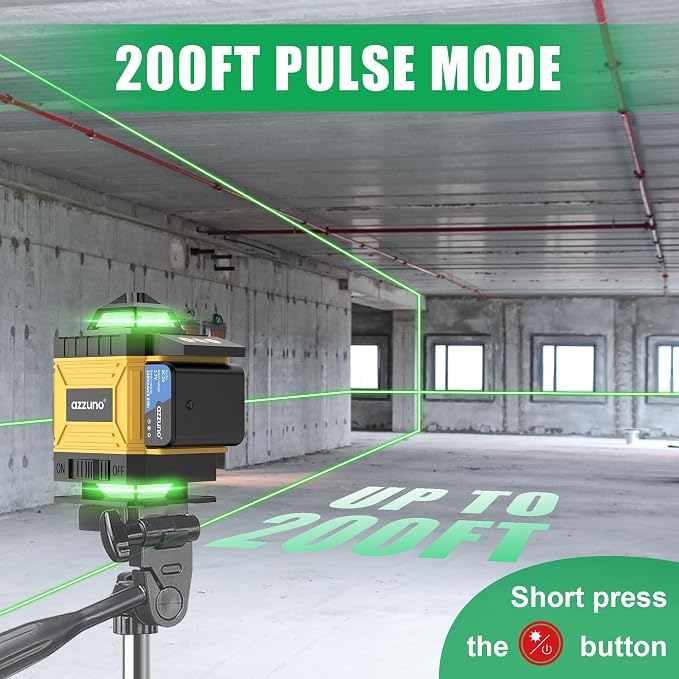 AZZUNO Laser Level 360 Self Leveling Green Beam with LCD Screen, 4x360 lazer leveler tool, Rechargeable Battery & Magnetic Base - Ideal for Construction, Tiling,yellow