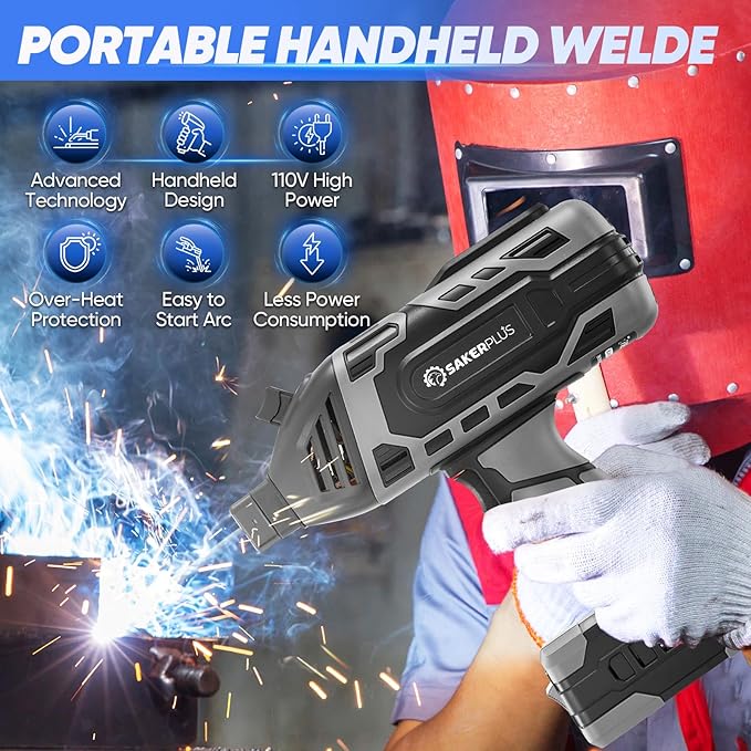 Sakerplus Portable Welding Machine, 110V IGBT Inverter Handheld Welder, ARC Portable Welder with 5 Variable Current Adjustment, 25 Pcs 3/32" Wire Rods, Welding Helmet, Carring Case Included
