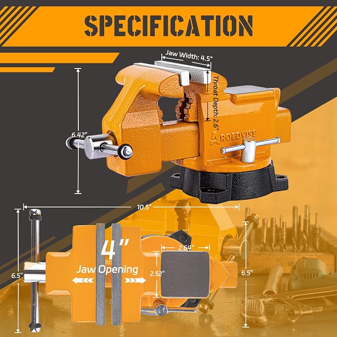 4.5" Bench Vise, 210° Swivel Base, 3306 lbs Clamping Force, Heavy Duty Cast Iron Vise with Large Anvil & Multi-Jaw Design for Workshop, Home, DIY & Repair (D40)