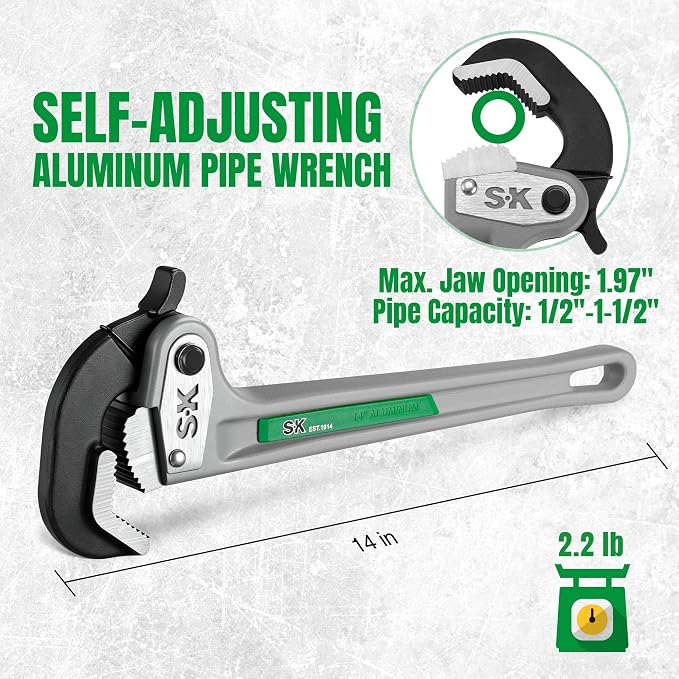 SK 14'' Self-Adjusting Pipe Wrench, Aluminum Plumbers Wrench | Plumbing Wrench, 1.97'' Large Jaw Opening for 1/2''-1-1/2'' Round Pipe, Three-Sided Serrated Teeth, CR-V Steel Head