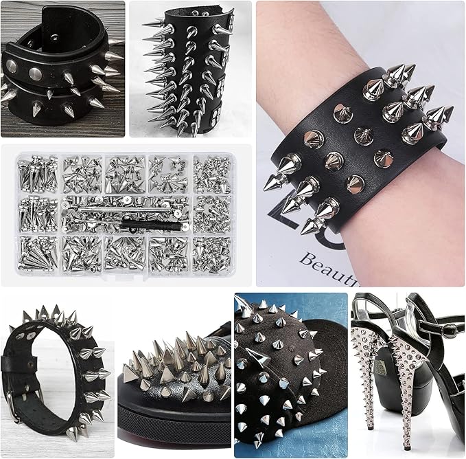 360 Pcs Punk Spikes and Studs Kit, Multiple Size Cone Spikes for Clothes, Punk Rock Style Studs and Spikes for DIY Leathercraft Decoration, Suitable for Clothing, Dog Collars, Belts, Bags (15.53oz)