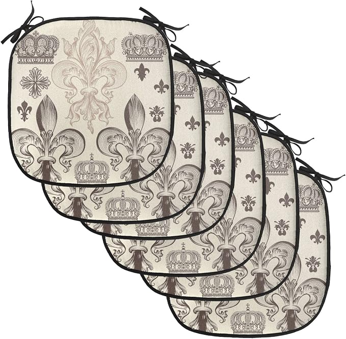 Lunarable Fleur De Lis Chair Cushion Pads Set of 6, Heraldic Pattern Royal Flower and Crowns Tiara Coat of Arms Knight, Anti-Slip Seat Padding for Kitchen & Patio, 16"x16", Beige Taupe and Ivory