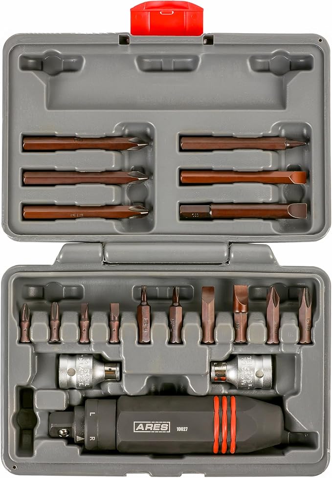 ARES 10027 – 1/2-Inch Drive Heavy Duty Hex Grip Impact Driver – 1/4-Inch & 5/16-Inch Bit Chucks – S2 Bits – Slotted 3/16, 1/4, 5/16, 3/8 Inch Bits – Phillips PH1, PH2, & PH3 Bits - T20, T25 Bits