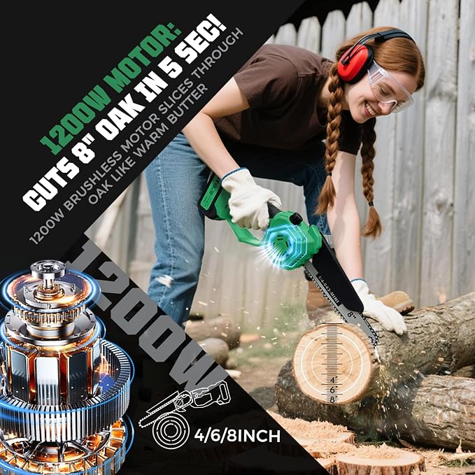 2-in-1 Electric Pole Saw for Tree Trimming,1200W Brushless Cordless Pole Saw & 8 Inch Mini Chainsaw with 2 x 4.0Ah 21V Batteries,16 FT Max Reach & Multi-Angle, Tree Trimmer for Branch Cutting.
