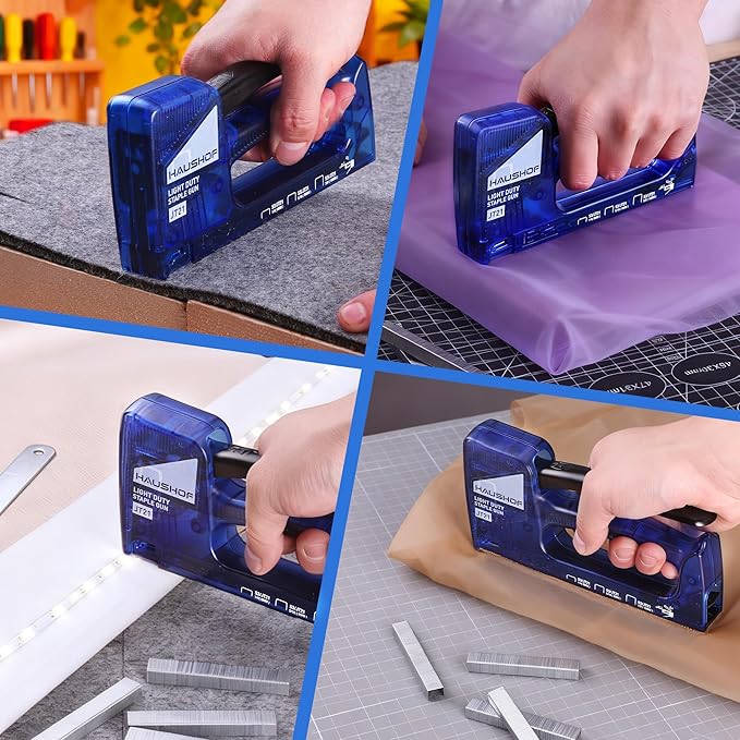 HAUSHOF Light Duty Staple Gun, Upholstery Staple Gun with 800PCS JT21 Staples and Stapler Remover, Fits JT21 Staple of 1/4'', 5/16'' & 3/8'', Used for Wood, Classroom, Crafts, DIY (Blue Transparent)