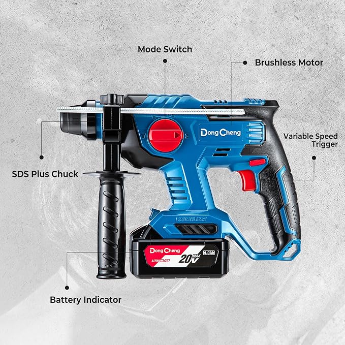 DongCheng 20V Max Brushless Rotary Hammer Drill, 7/8" SDS-Plus, 2.1 J Impact, 4 Modes, 4,500 BPM, Cordless with 2x4.0Ah Battery, Fast Charger, 4 Bits, Case for Concrete Drilling & Demolition