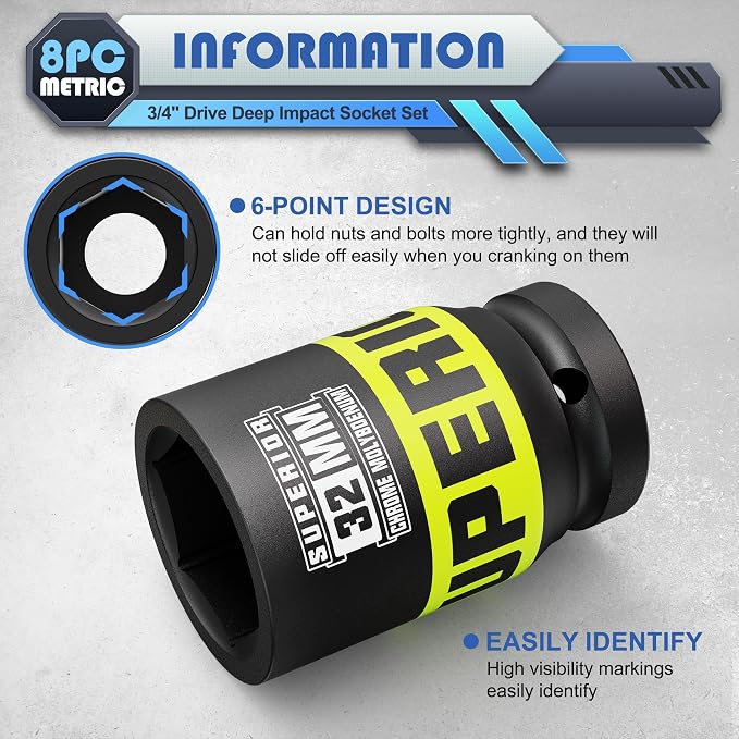 8 Piece 3/4" Drive Impact Socket Set, 26 mm - 38mm Jumbo Sockets, Metric, 6-Point, Heavy Duty CR-MO, Large Automotive Repairs, Machinery, Maintenance
