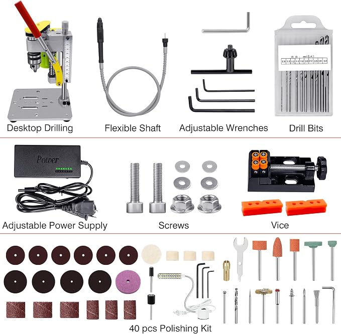 Mini Drill Press, Benchtop Drill Press, Portable Electric Drilling Machine, with Rotary Tool Flex Shaft Attachment, B10 Chuck, Drill Bit and Clamp for Metal Wooden Jewelry DIY