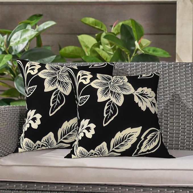LVTXIII Outdoor Throw Pillows 16x16 Inch, Set of 2 Square Decorative Pillows with Inserts for Patio Furniture, Porch Chair, Garden Sofa, Elegant Vines Black