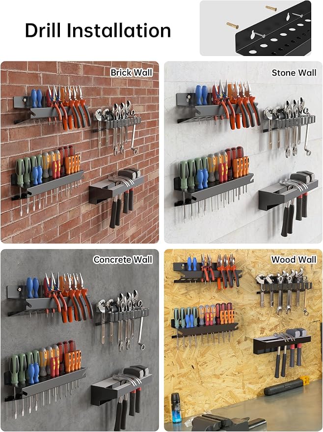 NiHome Wall Mount Hand Tool Storage Set, Screwdriver Organizer, Pliers Holder, Hammer Rack & Wrench Holder, 4PCS Metal Tool Organizer for Garage, Workshop, or Shed, Durable, Anti-Corrosion, No Rust