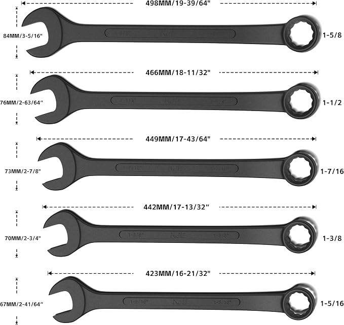 KJE 10-Piece SAE Black-Oxide Jumbo Combination Wrench Set, Open-End large Wrench, big Wrench Set, SAE Sizes 1-5/16" - 2" for Large Vehicles