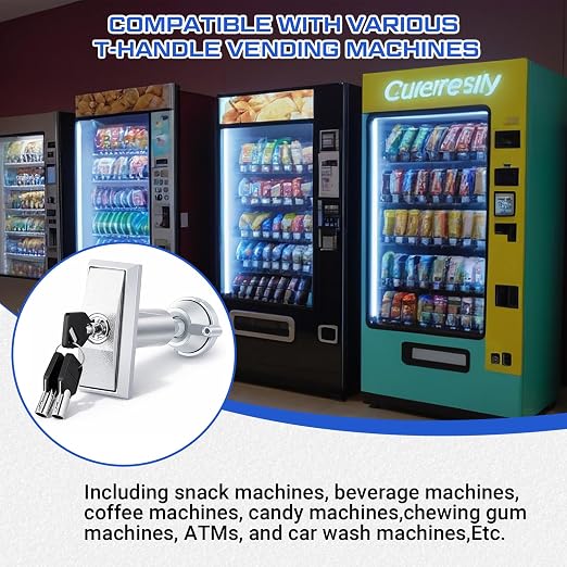 Set of 1 Universal Vending Machine Lock with T-Handle and 6 Keys Zinc Alloy Lock Replacement for ATM Candy Snack Machine (Long)