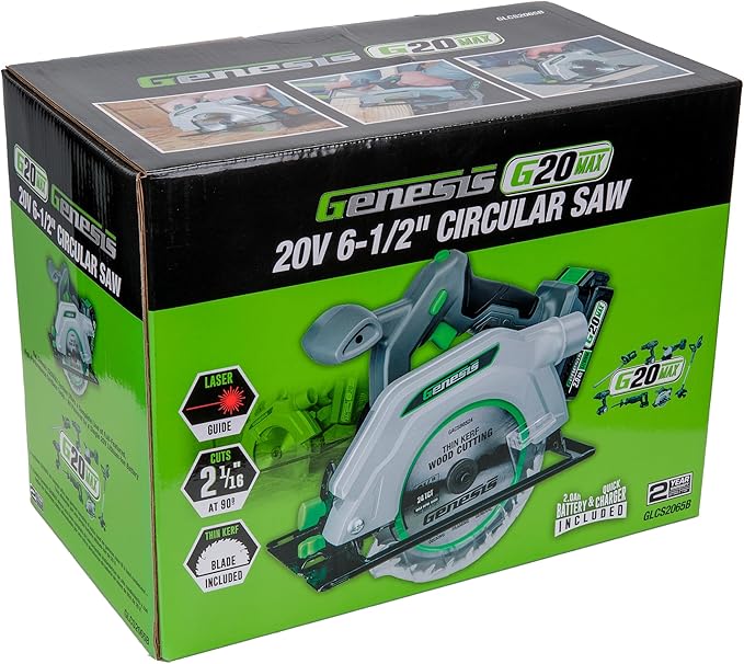 Genesis G20MAX 20V Circular Saw Cordless 6-1/2 inch with Laser & LED Light, Includes 24TCT thin-kerf blade, 2.0Ah Battery and Charger(GLCS2065B)