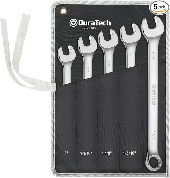 DURATECH Long Pattern Combination Wrench Set, SAE, 5-Piece, 1" to 1-1/4", 12 Point, CR-V Steel, with Rolling Pouch | 12 Point, CR-V Steel, Rolling Pouch