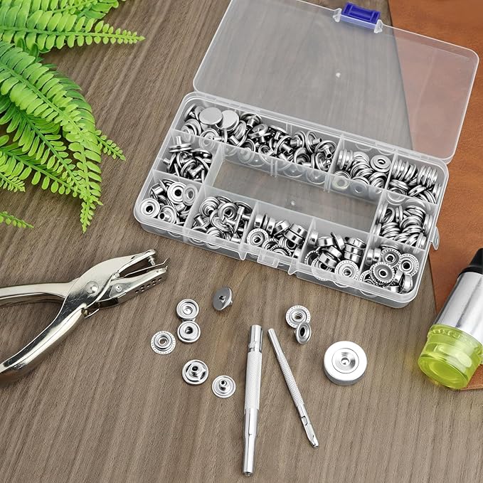QWORK 200 Pieces Stainless Steel Snap Fastener Kit with 15mm Snap Cap Diameter, Including Hole Punch Pliers and Setting Tools, for Canvas, Tarpaulins, Garments