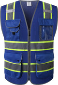 JKSafety 9 Pockets High Visibility Zipper Front MESH Blue Safety Vest | Blue with Dual Tone High Reflective Strips | ANSI/ISEA Standards (100-Blue, 3XL)