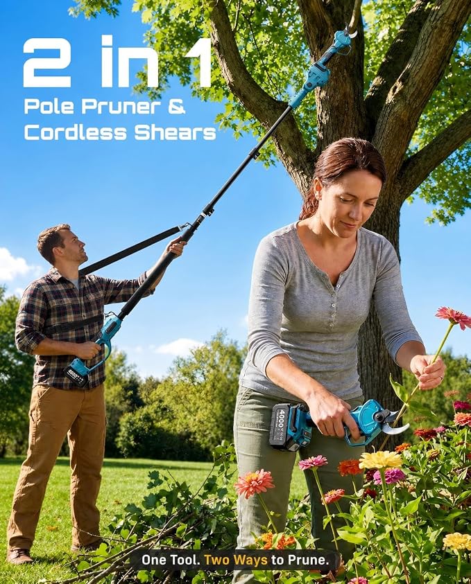 SEESII 2-in-1 Pole Pruning Shears: 1.6" Cutting Diameter Cordless Electric Pole Pruners - Brushless Motor, Dual 4.0Ah Batteries, Extra SK5 Blade, 4 Modes Adjustable Branches Cutter for Tree & Flower