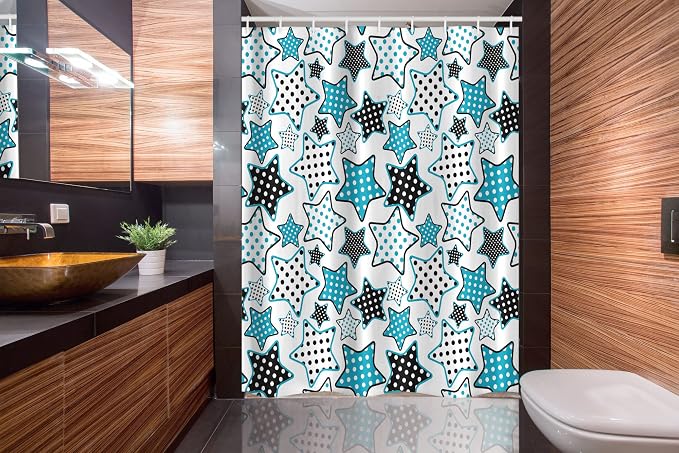 Ambesonne Cartoon Stall Shower Curtain, Stars Shapes Cartoon Illustration Geometry Cheer Celebration, Fabric Bathroom Decor Set with Hooks, 54" W x 78" L, Petrol Blue Black White