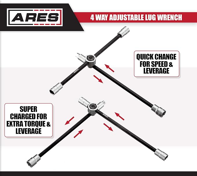 ARES 70092 - 4-Way Sliding Lug Wrench - Adjustable Sliding Lug Wrench Gives Superior Leverage - Collapses for Convenient Storage