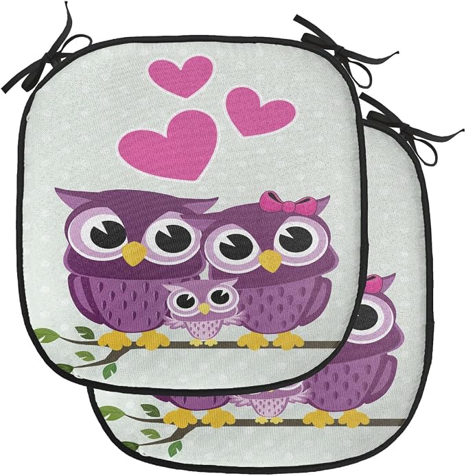 Lunarable Owls Chair Cushion Pads Set of 2, Animal Couple Owl Sitting on a Branch Family Portrait Cartoon Art, Anti-Slip Seat Padding for Kitchen & Patio, 16"x16", Purple Yellow Pink