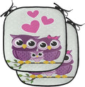 Lunarable Owls Chair Cushion Pads Set of 2, Animal Couple Owl Sitting on a Branch Family Portrait Cartoon Art, Anti-Slip Seat Padding for Kitchen & Patio, 16"x16", Purple Yellow Pink