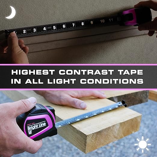 Perfect Measuring Tape - Pink BrightLine High Contrast EasyRead Tape Measure for Low Light (Dark Mode) - Rubber Case 18ft (Inch Fractions) Dual Sided Auto Lock Tape Measure Retractable (Pink)