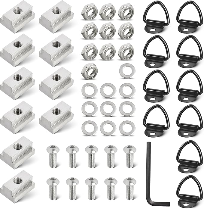 RED WOLF 10 Pack 3/8"-16 Thread T-Slot Nut Tie Down V-Ring Anchor w/1 Inch Button Head Socket Cap Screw Bolt Nut Washer for Toyota Tacoma Tundra Pickup Cargo Bolt Bed Deck Rail Cleat Included Wrench