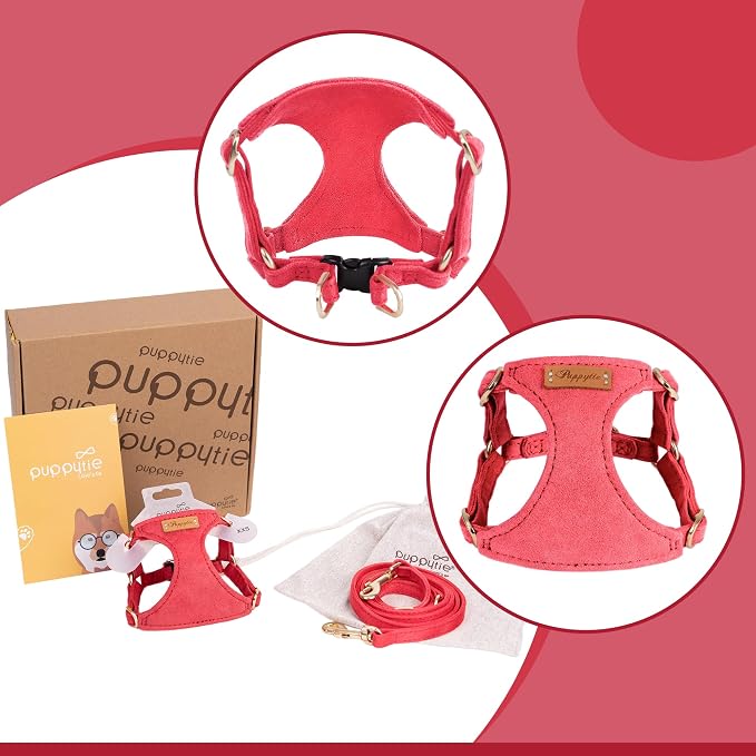 Puppytie Dog Harness and Leash Set, Red Camellia, M (16.5-31 lbs) | Harness Small Size Dog, Dog Leash for Small Dogs, Soft Lightweight and Adjustable, Small Dog Harness for Daily Walks