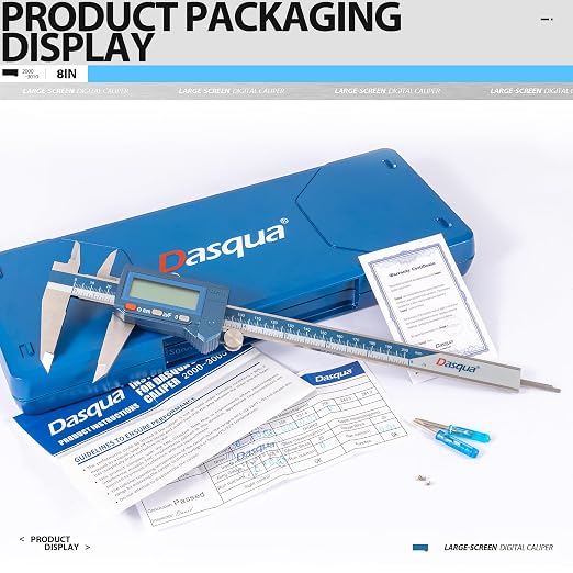 Dasqua 8" IP54 Digital Caliper, Stainless Steel Water-Resistant Precision Measuring Tool with Large LCD, Inch/Metric/Fraction Switch, Resolution 0.0005"/0.01mm/1/128, Accuracy ±0.001"/0.02mm