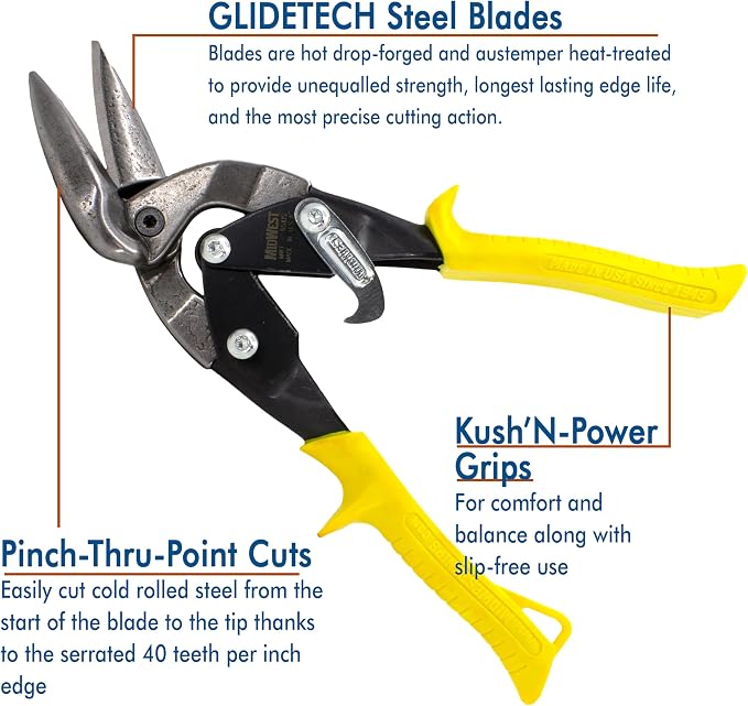 MIDWEST Aviation Snip - Straight Cut Offset Tin Cutting Shears with Forged Blade & KUSH'N-POWER Comfort Grips - MWT-6510S