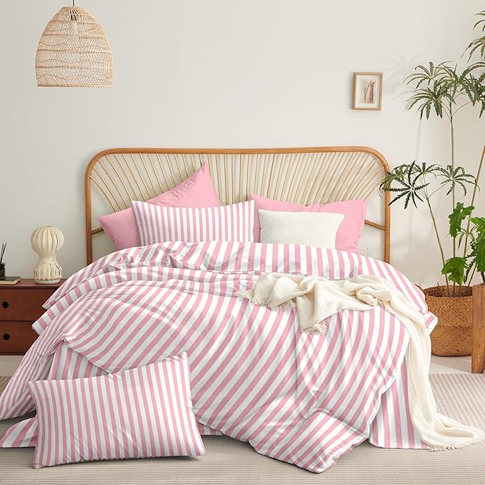 Sedefen Striped Duvet Cover King Size Pink Stripe Geometry Bedding Set for Girls 3 Pieces Soft Microfiber Reversible White Geometric Stripes Comforter Cover with Zipper Closure and 2 Pillowcases