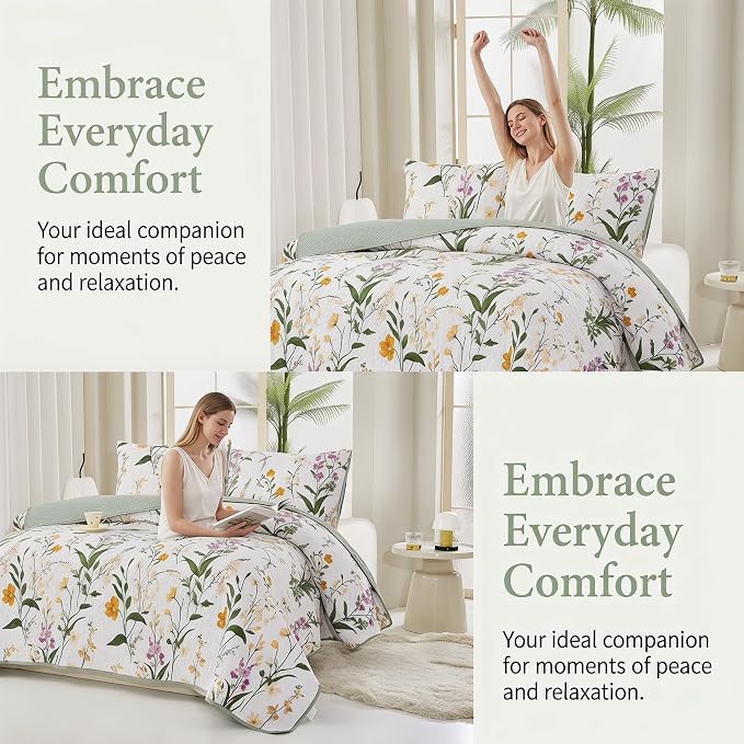 Boho Floral Quilt Set King Size, Lightweight Microfiber Bedspread Coverlet, Soft All Season Bedding with 2 Pillow Shams, Vintage Botanical Pattern (New-Orange Flowers, King) | Breathable