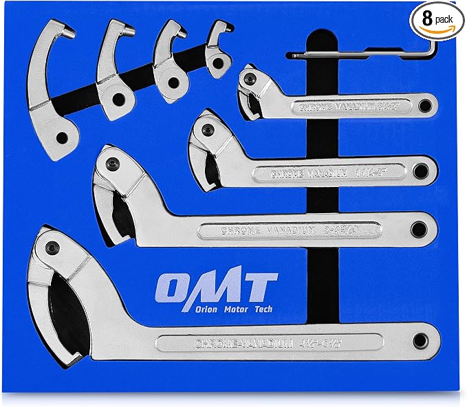 OMT 8Pc Adjustable Pin Spanner Wrench Set, 3/4-6.1in Suspension Tool | 1045 Carbon Steel Handle; Heavy-Duty Cr-V Hooks; 4 Interchangeable Adapters; Anti-Rust Chrome Finish; Custom Organizer Tray