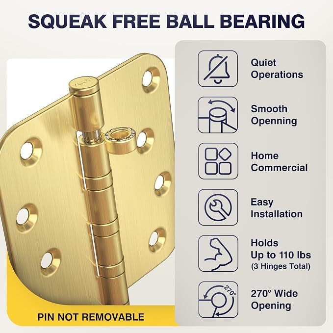 KOLET Gold Door Hinges, 4 x 4 Inches Ball Bearing Door Hinges, 5/8'' Radius Corner Hinges, Heavy Duty Stainless Steel, Smooth and Quiet, Non Removable Pin, Satin Gold, 6 Pack